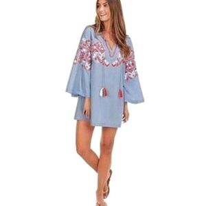 NWT Mud Pie Embroidered Boho Mini Dress Size S Tassels Beach Festival